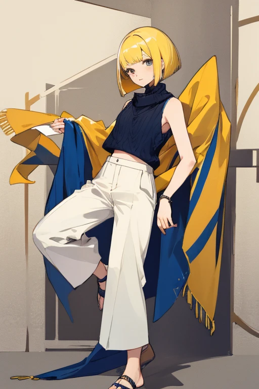 ((highest quality)), ((masterpiece)), (be familiar with),woman,Yellow Hair,Bobcut,Sleeveless sweater,shawl,pants,anklet