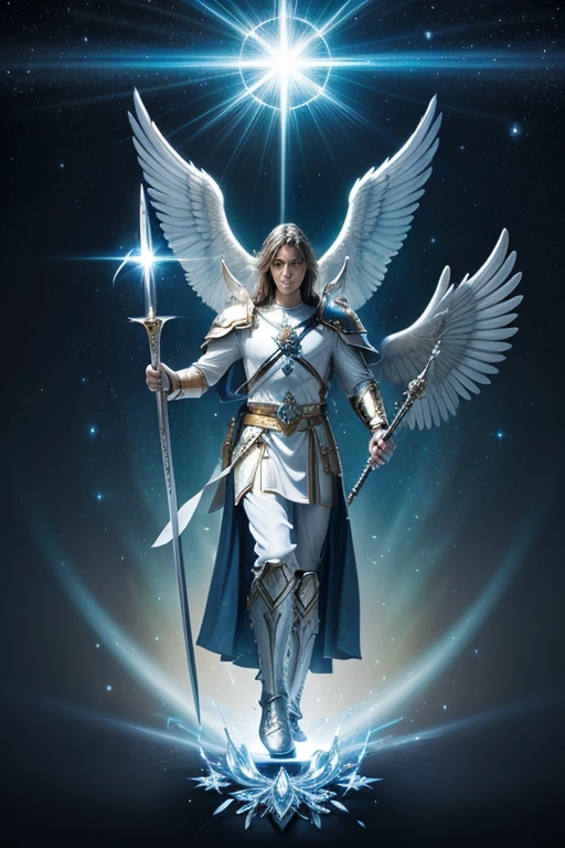 Create an image of a majestic angel, wielding a sword and shield. The prince of the heavenly angels, Archangel Michael. Predominantly blue and white and surrounded by an aura of divine light. An archangel with a peaceful but mature face, 40 years old

