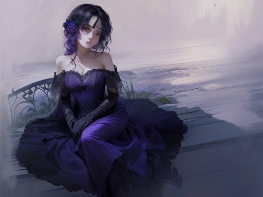 there is a drawing of a woman sitting on a bench, garbed in a purple gown, sadness personified, girl in a dress, in dress, romanticism lain, haunted and sad expression, an elegant gothic princess, corpse bride art style, gloomy, colored sketch, dressed in purple, with a sad expression, purple dress, pensive