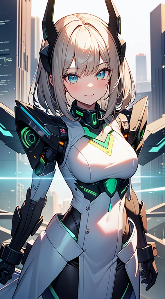 masterpiece,(highest quality),Very detailed,Super detailed,One girl,(Mechanicalwing:Moneyen,Glowing Eyes:green,Moneyenrarmor:1.2,Long, thin ears:0.8),(Cyberpunk City:1.5,arms:Energy Blade),(Fantasy Landscape:1.2,Natural light:1.5,Confident expression),(Panorama:1.2),Mecha, smile,angle,Angels, wing,Money,born,close