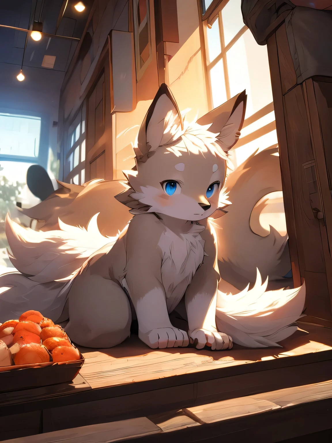 (Orange fur, Fine fur, blue eyes,Role:Nine-Tailed Fox, Lovely), permanent, Masterpiece, high resolution, 8K, Detailed background, high quality, boy, male, (through dagashi: 1.1), Solitary, naked apron