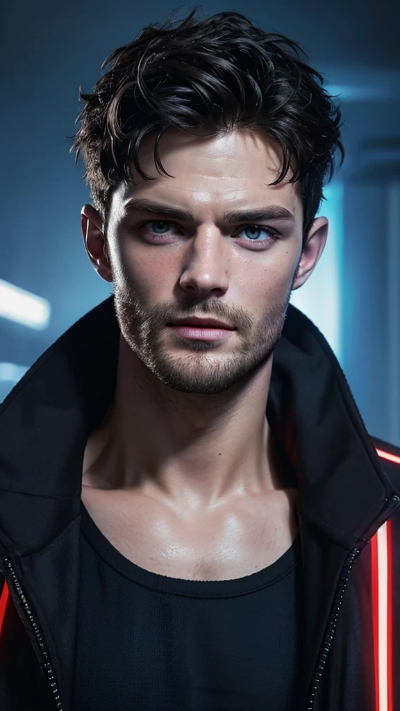 Change beckgroung  cyberpunk handsome jamie dornan. realistic face 8k ultra realistic