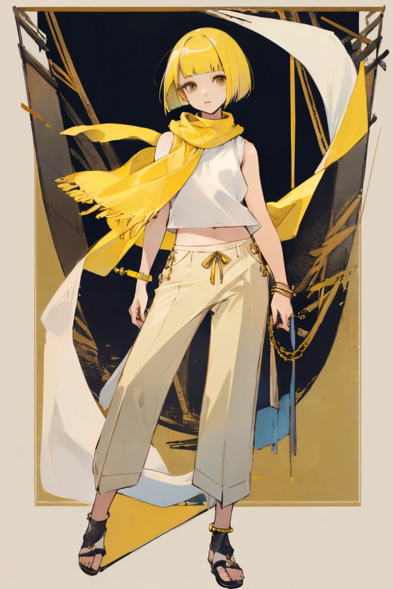 ((highest quality)), ((masterpiece)), (be familiar with),woman,Slanted Eyes,Yellow Hair,Bobcut,Sleeveless sweater,shawl,pants,anklet
