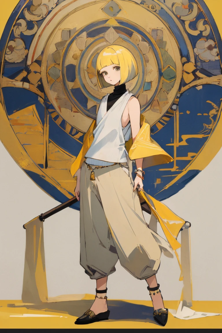 ((highest quality)), ((masterpiece)), (be familiar with),woman,Slanted Eyes,Yellow Hair,Bobcut,Sleeveless sweater,shawl,pants,anklet