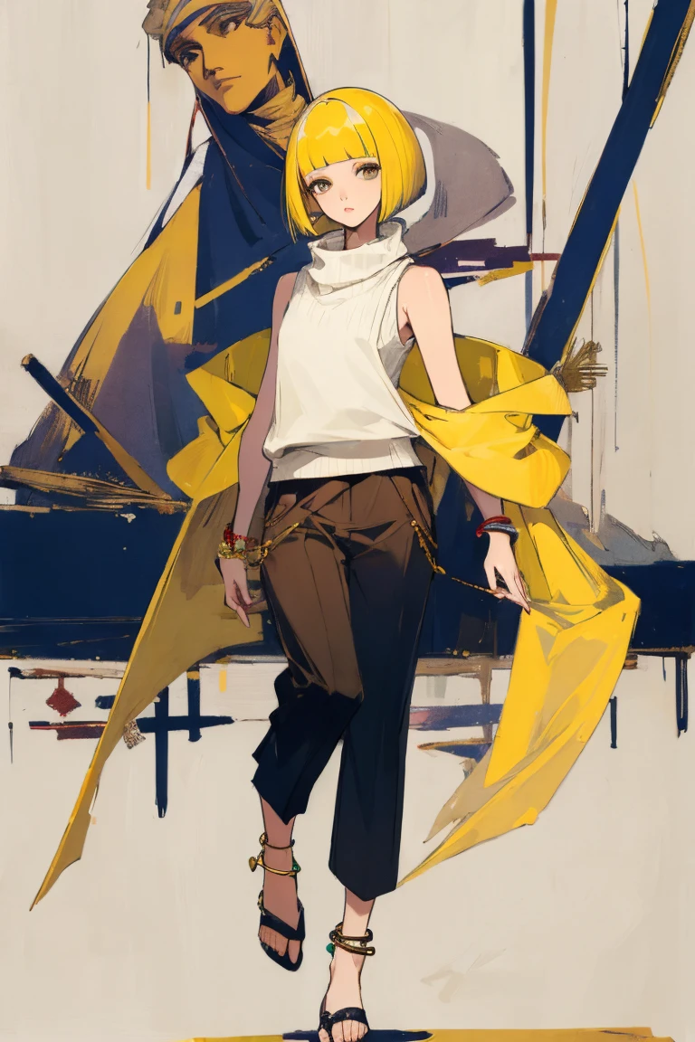 ((highest quality)), ((masterpiece)), (be familiar with),woman,Slanted Eyes,Yellow Hair,Bobcut,Sleeveless sweater,shawl,pants,anklet
