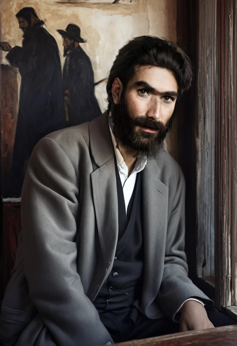 arafed man with a beard and a black coat and white blouse is sitting in an old restaurant ,, portrait of bedouin d&d, sergey zabelin, inspired by irakli nadar, inspired by Santiago Martínez Delgado, inspired by Alphonse Legros, by Artur Tarnowski, inspired by Gabor Szikszai, fine portrait
