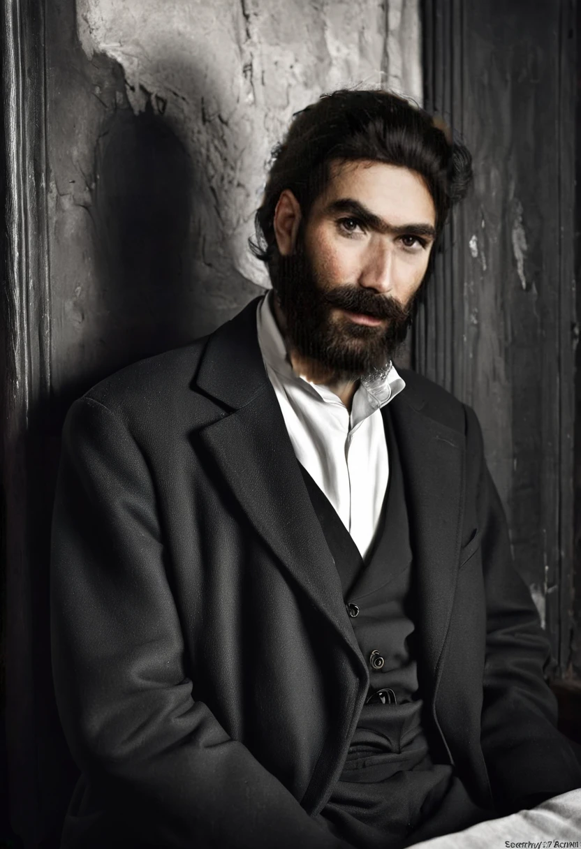 arafed man with a beard and a black coat and white blouse is sitting in an old restaurant ,, portrait of bedouin d&d, sergey zabelin, inspired by irakli nadar, inspired by Santiago Martínez Delgado, inspired by Alphonse Legros, by Artur Tarnowski, inspired by Gabor Szikszai, fine portrait