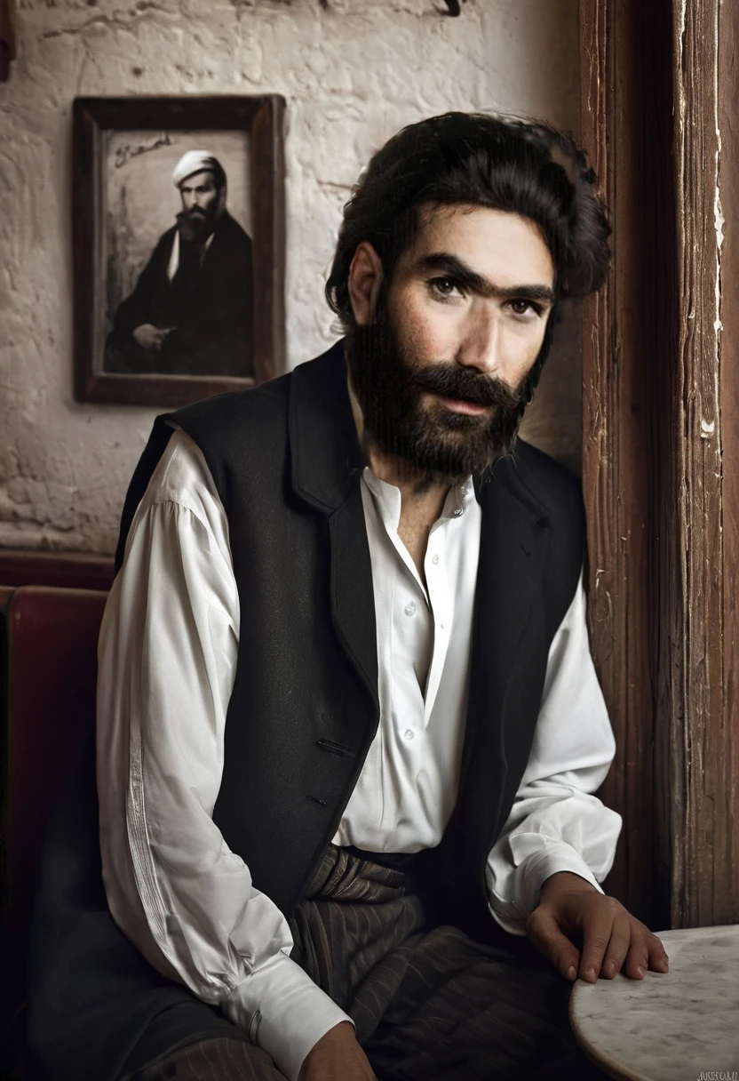 arafed man with a beard and a black coat and white blouse is sitting in an old restaurant ,, portrait of bedouin d&d, sergey zabelin, inspired by irakli nadar, inspired by Santiago Martínez Delgado, inspired by Alphonse Legros, by Artur Tarnowski, inspired by Gabor Szikszai, fine portrait