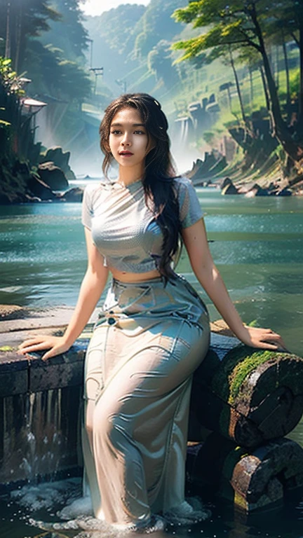 no upper floor;  A beautiful Burmese woman in a long skirt takes a relaxing bath by the river.  I took a shower and my whole body was wet. No top, but my breasts were covered with a long skirt