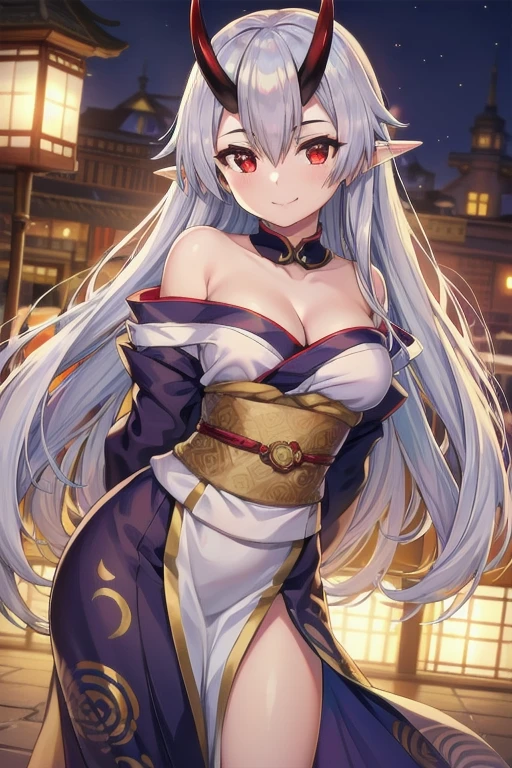 masterpiece, best quality, 1girl, tomoe gozen, torino style, glowing red eyes, smug smile, hair between eyes, silver long hair, elf, oni horns, long kimono,bare shoulders, cleavage, hands behind back