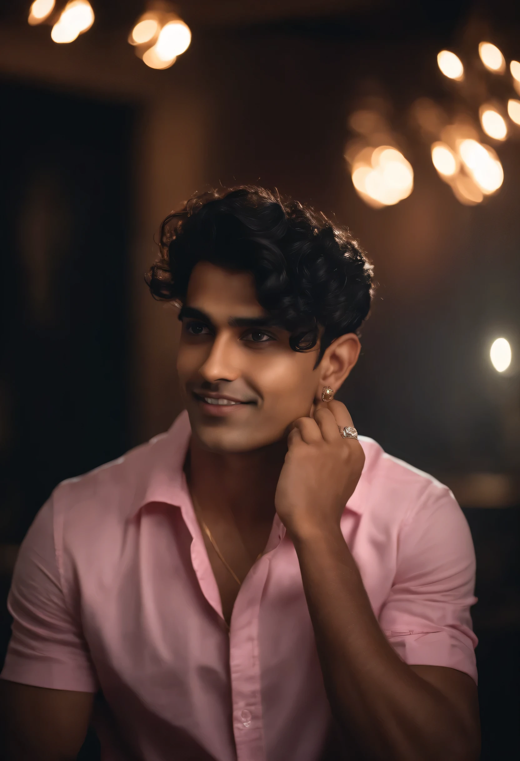 Indian boy, clean shave,white skin, curly black hair, diamond face shape, jaw line, pink lip, realistic, 4k image