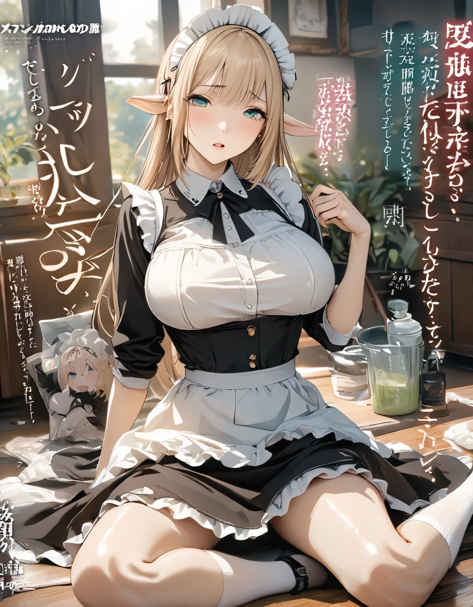 Magazine cover(masterpiece, best quality:1.2),Maid,(((The eyes are delicate)))((Maid衣服))Socks,In cleaning(8K)(HD)