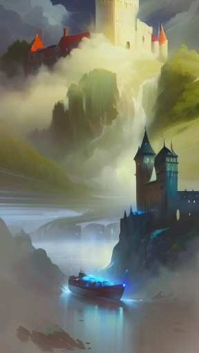 painting of a boat in a body of water with a castle in the background, speedpainting, speed painting, speedpaint, an expressive digital painting, expressive digital painting, computer painting, a digital painting, digital 4k painting, digital paiting, digital paintting, digital painting, digital paintin, in style of digital painting, soft digital painting, color study