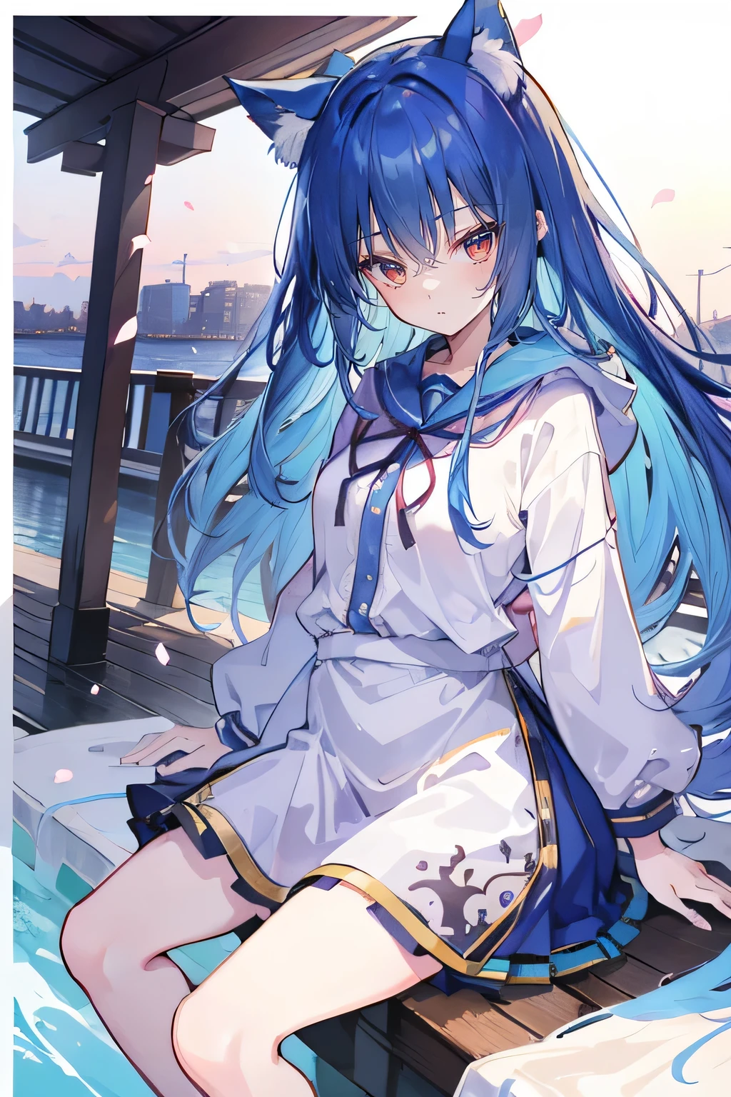 (masterpiece:1.2),Super detailed,lifelike,Expressive eyes,fair skin,perfect face shape,1 girl,
Japanese comics,Gorgeous blue hair,flowing blue hair,flowing clothes,Cat ears,Petals fall,beautiful lola,Baby Angel,sunrise,
Shaking head with one hand,Cross your legs,Gentle and peaceful background,The pavilion is cool and comfortable,smile, wearing hoodie, background of tokyo,back views,snowing, winter,seaside,wet clothes,A smile,A faint smile,。