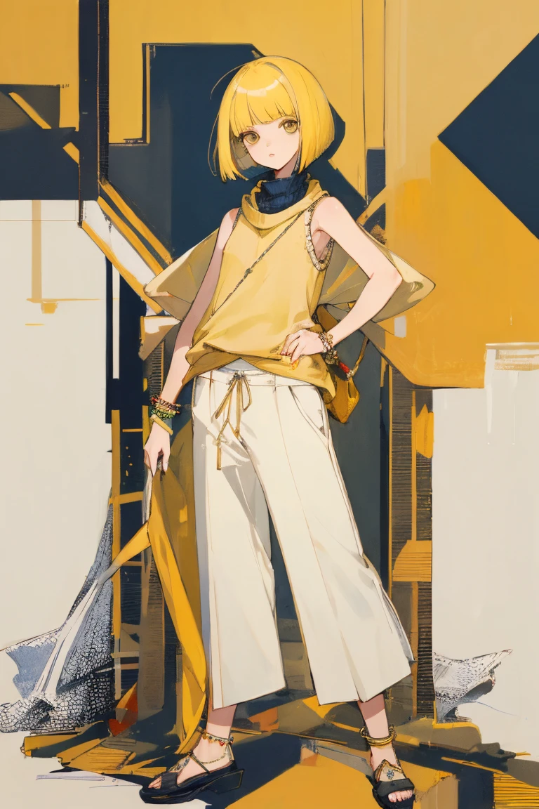 ((highest quality)), ((masterpiece)), (be familiar with),woman,Slanted Eyes,Yellow Hair,Bobcut,Sleeveless sweater,shawl,pants,anklet