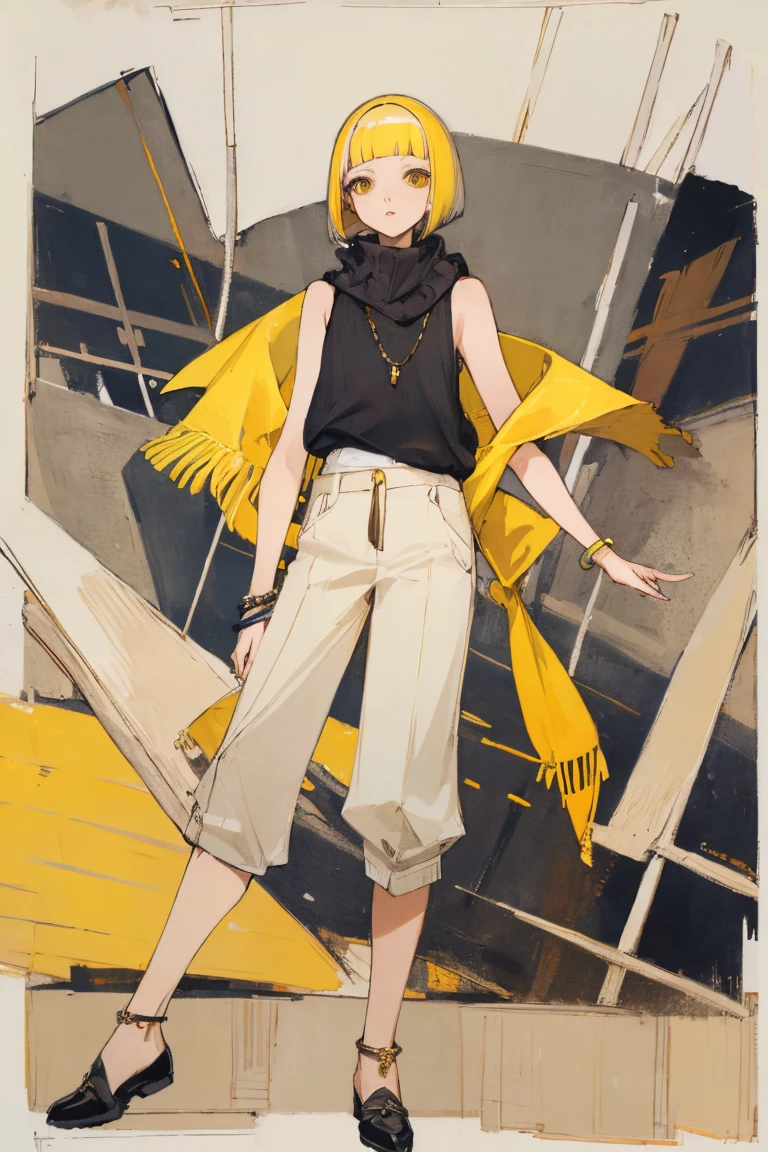 ((highest quality)), ((masterpiece)), (be familiar with),woman,Slanted Eyes,Yellow Hair,Bobcut,Sleeveless sweater,shawl,pants,anklet