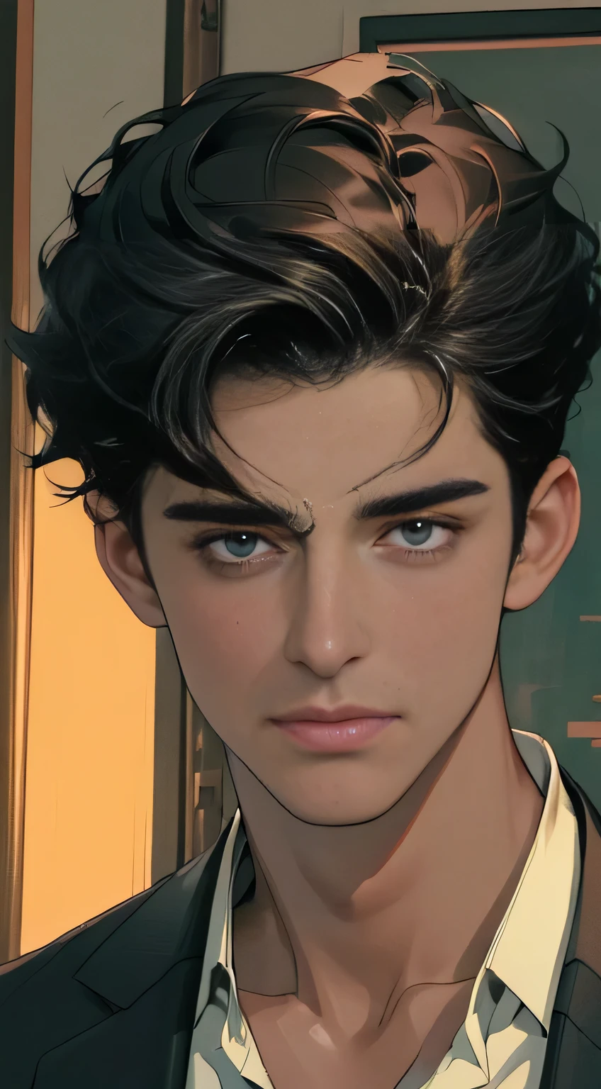 (((8K, RAW-фотограф, Best quality at its best, masterpiece: 1.4))), ultra high resolution, ultra - detailed, lamp light, Cleavage close up, handsome man, Brown eyes, (Detailed eyes, Eyes bright:1.2), black hair, dark skin, dark, Black clothes, Careful clothing, (perfect anatomy:1.2), quality shadows,  office clothes, Suit, man 40 years old