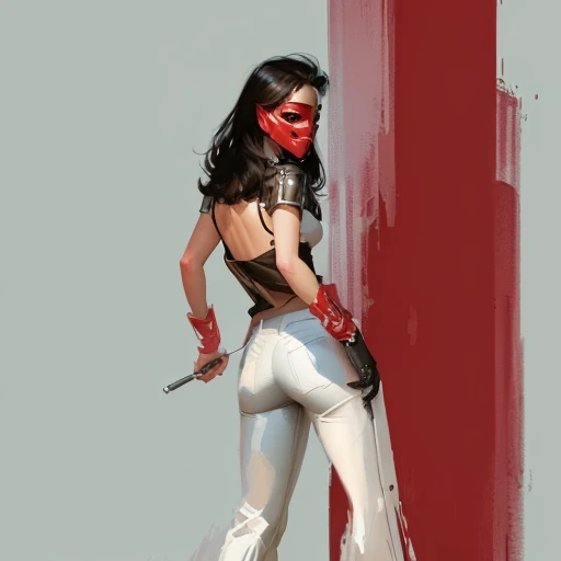 arafed woman in white pants and a red mask walking, digital sketch, inspired by Mead Schaeffer, color study, digital matt painting, digital painted, style digital painting, inspired by Théodule Ribot, sultry digital painting, digital character painting, full body concept, fully clothed. painting of sexy, speedpaint, urban girl fanart
