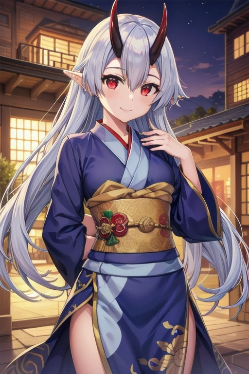 masterpiece, best quality, 1girl, tomoe gozen, torino style, glowing red eyes, smug smile, hair between eyes, silver long hair, elf, oni horns, long kimono, puffy sleeves, hands behind back