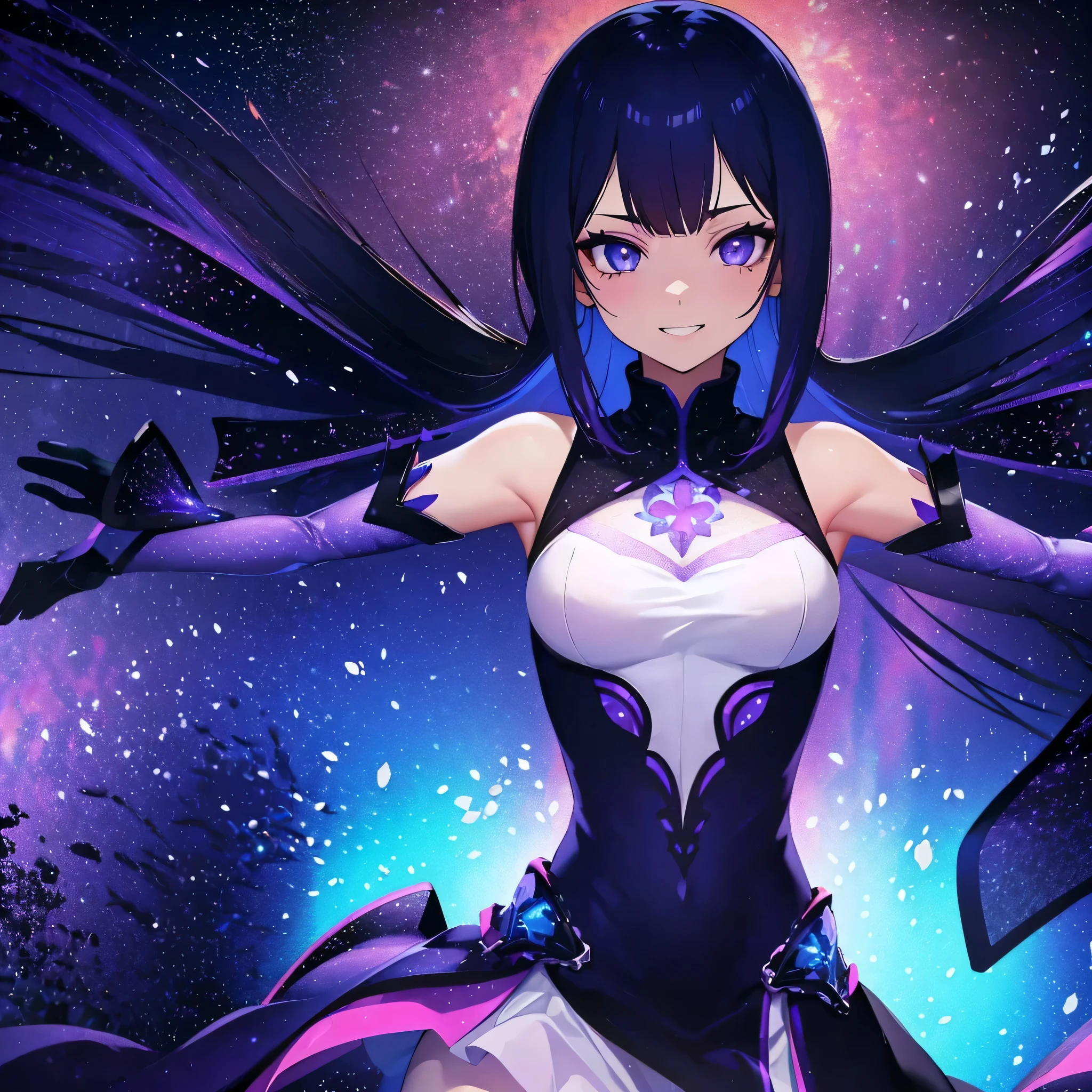(masutepiece:1.3), (Best Quality:1.3), High resolution, Couboy Shot, I'm on the street with my arms outstretched and a big smile on my face.、Spread your arms、Hair color is purple、Long hair、Blue Mesh、blacklight、Vivid sea、Clear、Iridescent Sea、huge smile、Spectacular background、 Eyes are purple, Miraculous Eye、Beautiful detailed eyes, ultradetailed eyes、Glitter eyes,Put the most effort into the brilliance of your eyes、, (One Cute Girl:1.3), , Hair over one eye, Dress, Detached sleeves, Dress like a wacky fashion model、White pantyhose、Wearing a rainbow-colored aura from the whole body、purpleish color, Outdoors, Purple background, Shadow lighting,perfectbody