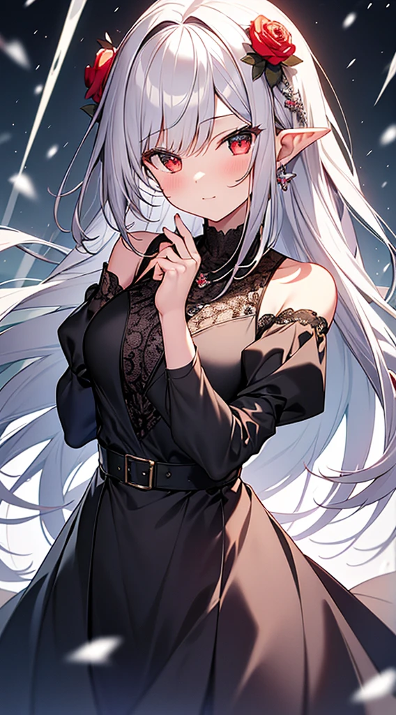 {{masterpiece}},highest quality,Very detailed,Very detailed CG ユニティ 8k 壁紙,An illustration, One girl, Red eyes, Wavy silver hair, Pointed Ears, vampire, dress, necklace, Hair Flowers, snow, ice, whole body, shot,High Close-up, Very detailed,Center Frame,Sharp focus, View Viewer, Floating hair,