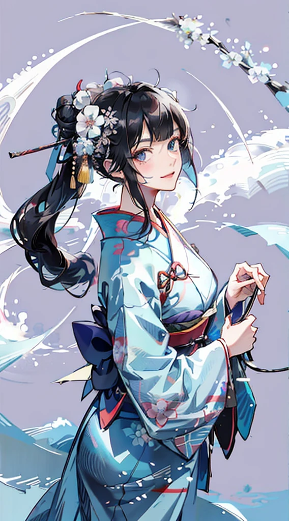 Black hair, bangs, curtained hair, crossed bangs, Messy hair, pony tails, bangs, curtained hair, crossed bangs, Long hair, Messy hair, pony tails, Big hair, side hair bun, hair ear, hair tying, hair flaps, widow peak, head gear, Hair ribbon, kanzashi, hairpods, white hair ribbon, Moles under eyes, Raised eyebrows, eyeball, Evil smile, crazy, Shy, scowling, jitome, gloom (expression), Seductive smile, anime big breast, Minimalism, Anime style, anime big breast, Minimalism, Anime style, angle of view, From above, hyper HD, retinas, Masterpiece, ccurate, Textured skin, Super detail, High quality, High details, Award-Awarded, Best quality, A high resolution, 16k, hyper HD, retinas, Masterpiece, ccurate, Textured skin, Super detail, High quality, High details, Award-Awarded, Best quality, A high resolution, 16k((Light blue long-sleeved kimono))((Undressed kimono))Big Breasts((Tight clothing))