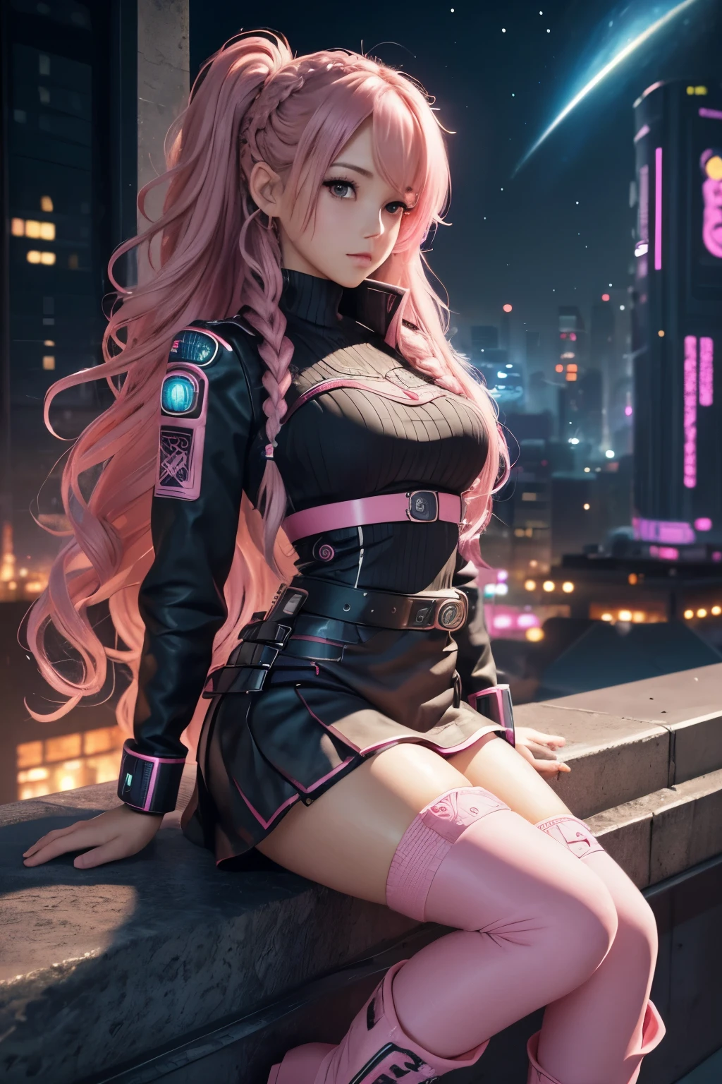 high resolution, best quality, masterpiece, very high image quality, ultra-detailed, hyperrealistic, 3d, anime, illustrations, fantasy, hard rock girl, very beautiful cute, pink wavy hair, side braid, miniskirt, knee high socks, engineer boots, background cyber punk city galaxy