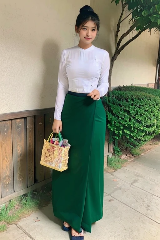 A school teacher is 30years old.Tall, thin, big hips, big breasts, black hair, small lips, brown eyes, attractive, K.Top=white Burmese blouse,With long sleeves,Buttoned at the side.Bottom=(Dark green) long skirt.
Footwear=female Burmese sandals,The hair is knotted bun.