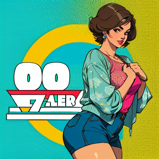 1girl, sfw, cap, shorts, jacket, nice slender body, large breasts, (Magazine cover-style illustration of a fashionable woman in vibrant outfit posing in front of a colorful and dynamic background. She has a confident expression and is striking a pose. The text on the cover should be bold and attention-grabbing, with the title of the magazine and a catchy headline. The overall style should be modern and trendy, with a focus on fashion and lifestyle), wallpaper, crowds, fashion, contrapposto, female focus, model, cool
