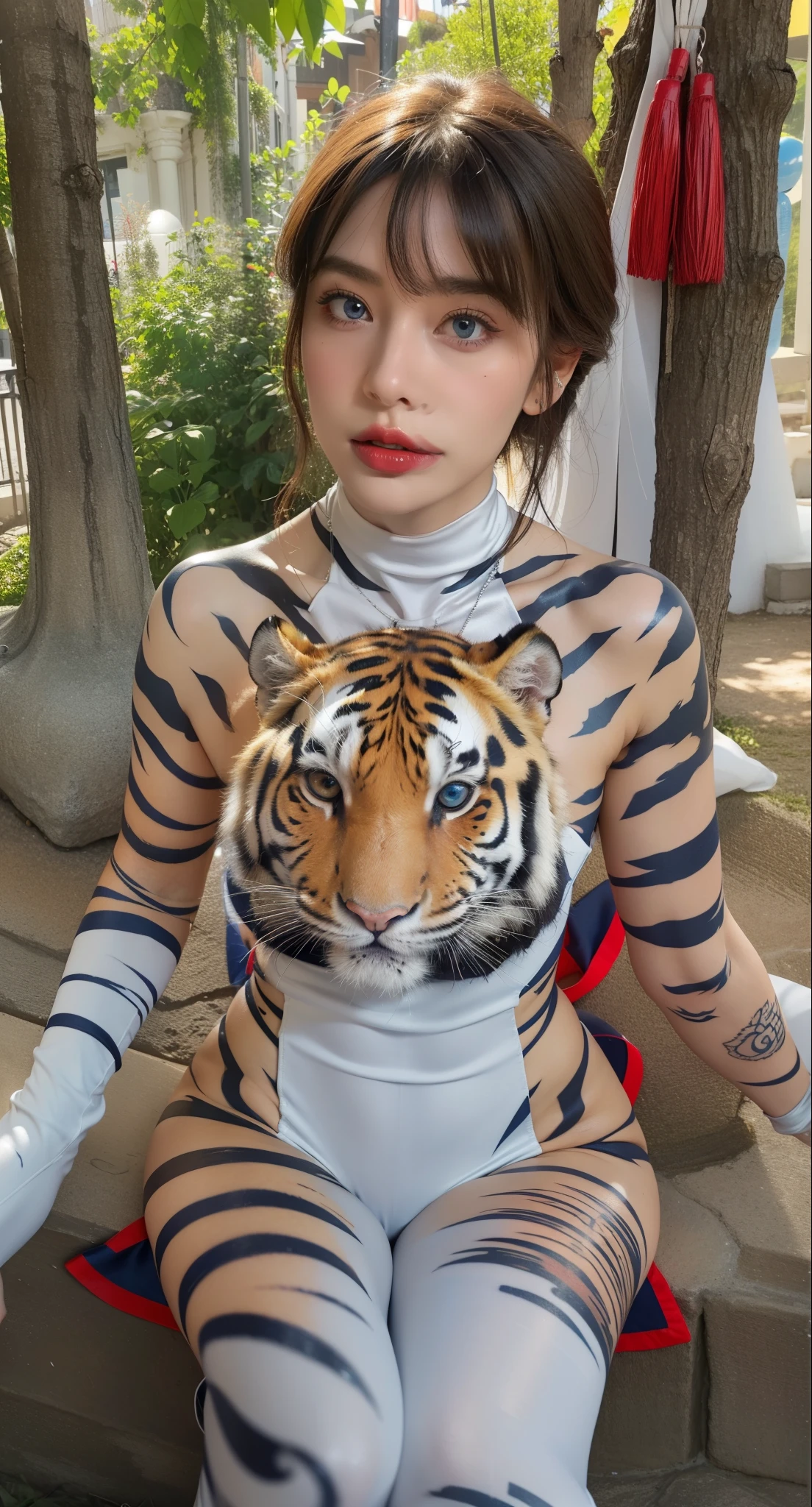 Super detailed, Delicate face, Realistic style, Stock Photography , rich and colorful, Surrealism, Realistic textures, Dramatic Lighting, Thin Film Distiller 800 (8K, original photo, Better quality, masterpiece: 1.2), Super detailed, (Extremely delicate skin: 1.2), 8K Ultra HD, SLR camera, Soft Light, high quality,Snow Queen,ice castle,Blue pupils,Apply red lipstick,Tattoo goddess,With tattoo pattern,Ultra-clear portrait,Wearing necklace jewelry,apply lipstick,Wear heavy makeup,The facial texture is very clear,Beautiful tattoos on the body,Deep blue eyes(Sapphire-like pupils),A crown of luxury,Diamond necklace,Lace Print,Tiger skin tights,superhero bodysuit,Tiger Man