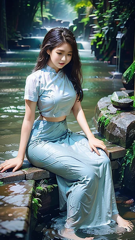 no upper floor;  A beautiful Burmese woman in a long skirt takes a relaxing bath by the river.  I took a shower and my whole body was wet. No top, but my breasts were covered with a long skirt