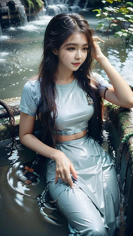 no upper floor;  A beautiful Burmese woman in a long skirt takes a relaxing bath by the river.  I took a shower and my whole body was wet. No top, but my breasts were covered with a long skirt