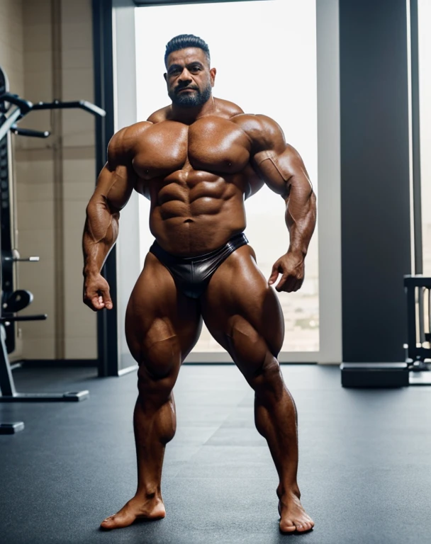 A ((powerful muslim bodybuilder, as bodybuilder Hadi Choopan)), ((aged 55 years old)), ((exaggerated muscular thick body physique and pumpes veins)) clad in (leather outfit) exuding confidence as he strikes a astonishing standing pose. ((His body is really trully oustrageous muscled)). His remarkable physique add to his commanding presence. ((Captured in stunning 4K detail)), this scene showcases his awe-inspiring physique with precision and dynamism, emphasizing the highlighting and shadows, vitality, and energy of his physique.