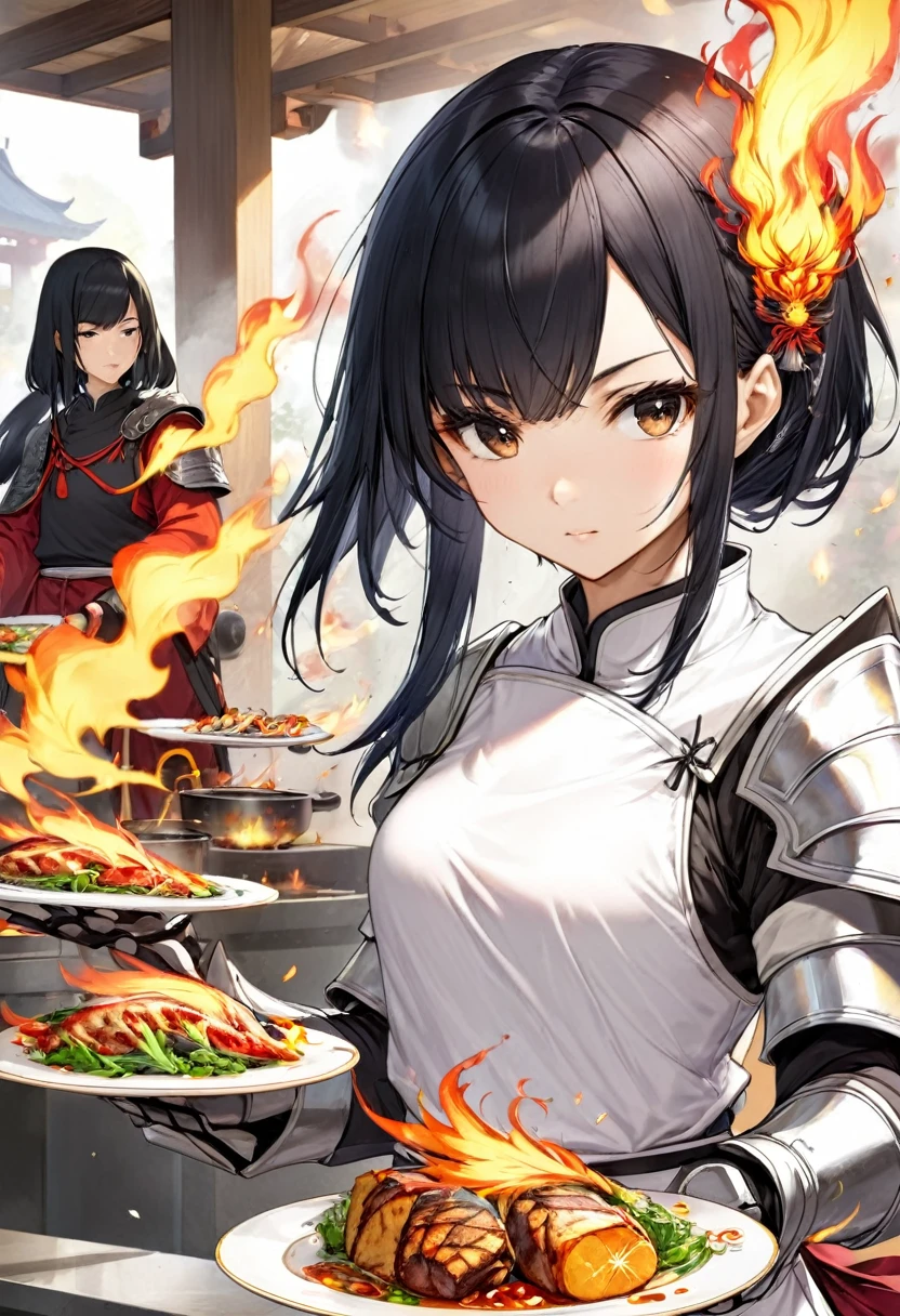 Asian、Black Hair、Fire User、Cook、Teenage girl、Kung Fu、Wearing white monastic clothing、Plate Armor、Paladin