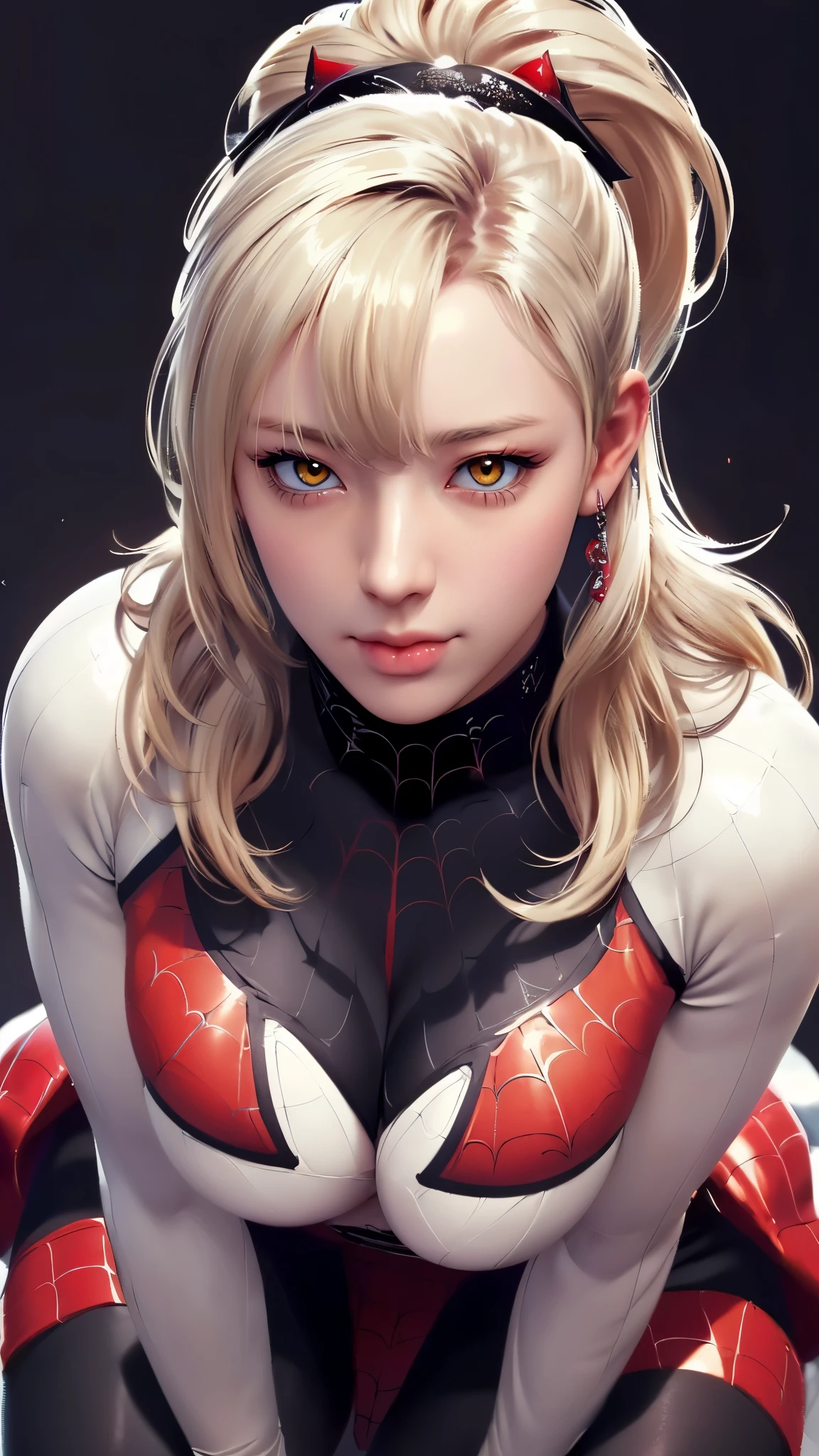 (（（Perfect body,White and tender skin,（（（spider man,black Spider Man costume,spider tights,(red cloak:1.2)）））,（（（blonde hair, Bangs, hair accessories, ponytail, yellow eyes,  orange eyes,  hair between eyes,）））,((masterpiece)),highres,((Best quality at best)),masterpiece,quality,Best quality,(（（ Exquisite facial features,Looking at the audience,There is light in the eyes,(（（Open your mouth,Separate your lips,ahegao,Sticking out tongue））））））,（（（Light and shadow,Huge breasts,）））,（（（Looking at the camera,black background,Close-up of face)））)