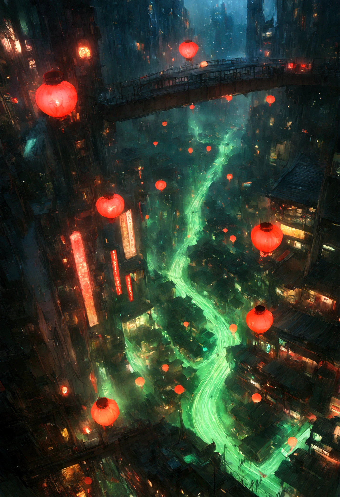 Cyberpunk cities in science fiction movies, night, Enveloped in green smoke, bridge, Established, Strange stories from Chinese studios, red lantern, Ghosts wandering the streets, irregular, Circuit board, wire, complicated, Very detailed, Realistic, Ultra-realistic, high quality, Highest, Super detailed, Crazy Details, Very detailed, PhotoRealistic, A magnificent composition, Highest Quality, 32k --v6