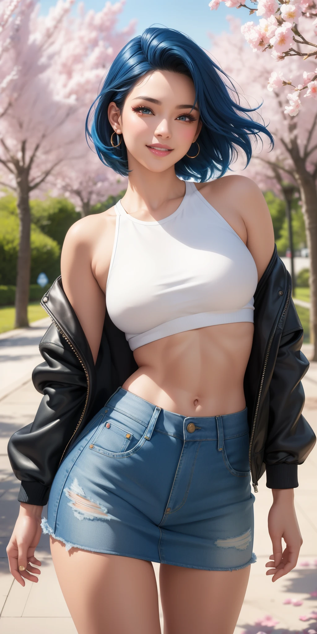 NSFW, young girl, long turquoise hair, punk haircut, turquoise eyes, Scars, punk make-up, long leather jacket, Burns, naked top, open micro shorts, pubic hair, madness, cowboy shot, smirk, Masterpiece, highly quality
