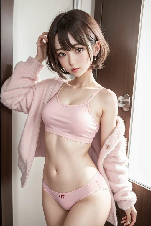A skinny young anime girl, short hair, showing pink cotton panties