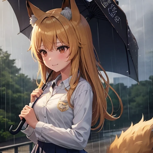 Kitsune, girl, school girl, nut-brown hair, cute, short, beauty, in rain, rain, umbrella, holding a umbrella, under rain, Kitsune girl under rain, fox ears, fox tail, black eyes, cloudy weather, a bit sad eyes, not smile, sad, almost crying, girl looking down,wet clothes, girl looking down