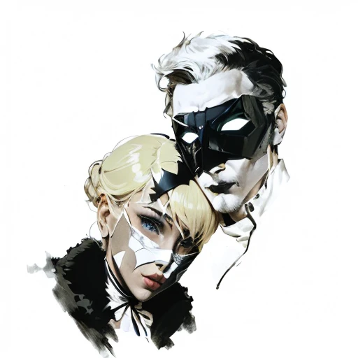 there is a drawing of a man and a woman with masks, masks, hamlet, kiss, mask, masked, drawn in a neo - noir style, vectorial art, shaded, phantom, masqua, dramatic artwork, masking, movie art, theater mask, the masks come off at night, by Thomas Dalziel, partially masked, drawn in microsoft paint, the kiss