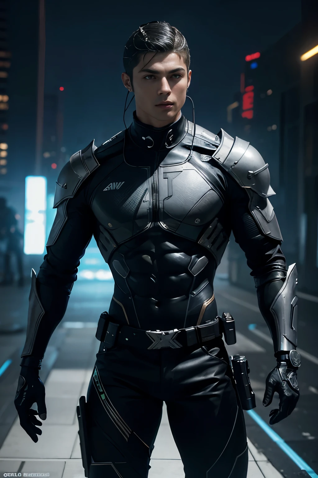 Cristiano Ronaldo, cyberpunk armor suit, headphones, muscular body, perfect abs, detailed face, realistic, photorealistic, 8k, high quality, intricate details, vibrant colors, dramatic lighting, cinematic composition, elegant pose, digital art