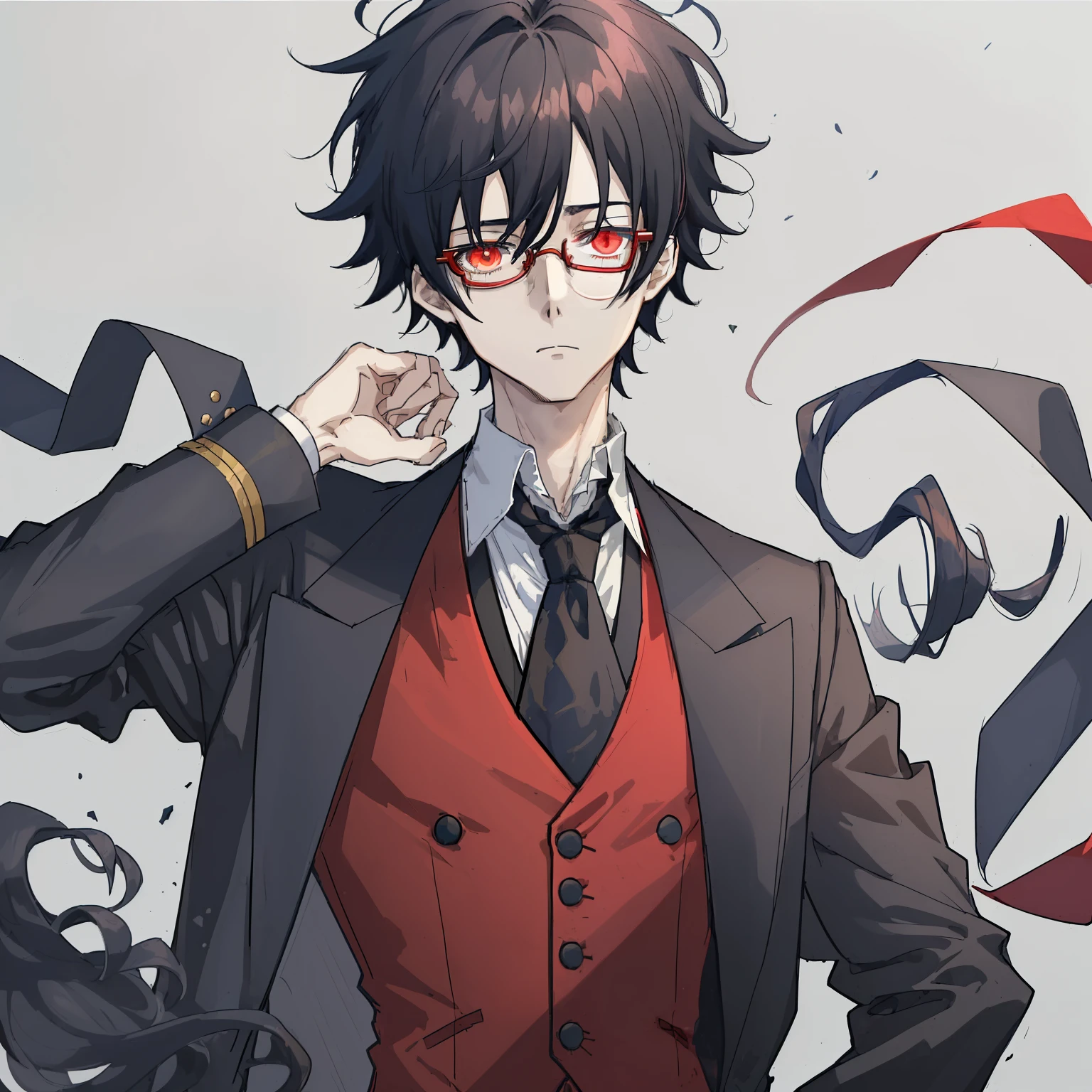 1boy, anime, unkempt_short_wavy_hair, black_hair, navy_blue_long_coat, red_waistcoat, black_ascot_tie, red_eyes, white_background, black_glasses, looking_at_viewer