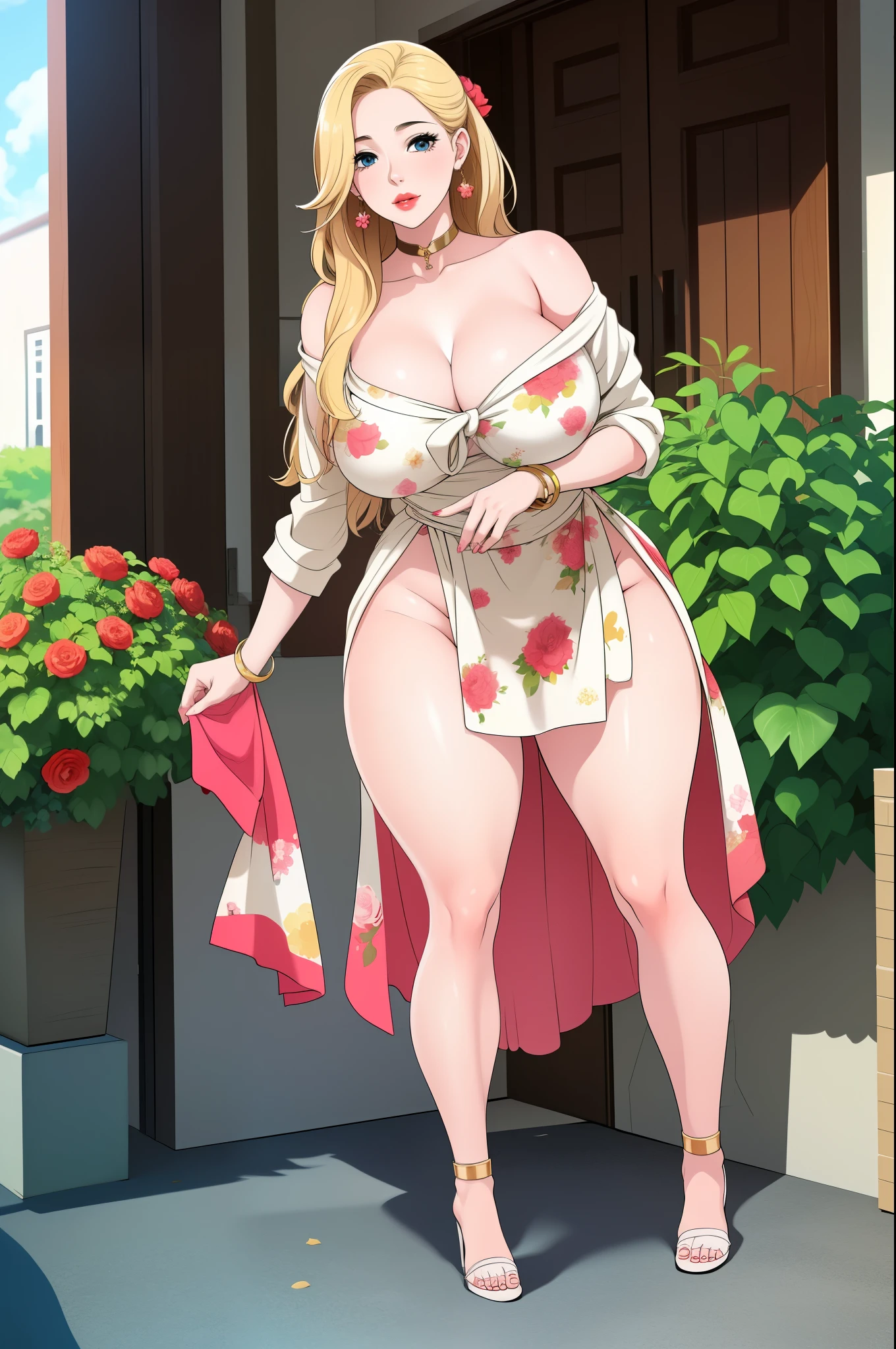 An extremely beautiful busty woman with gold blonde long silky hair, blue oceanic eyes, extremely super bright snow white fair stunning flawless glowing lush shiny white skin, and complexion, a perfect tight hourglass figure, a thick plump ass, cleavage, and perfect hips, wearing a short sexy loose revealing white floral dress with red flower patterns along with a red sash around the waist and a light brown off-shoulder cardigan, yellow heels, jewelry on the neck, gold bangles on her wrist, and anklets on her legs, gold earrings, a cute adorable smile, pink puffy lips, pink nails, red rose on hair, standing straight, hands joined together, looking at the viewer, big garden in the background, day time, show full body from head to feet.