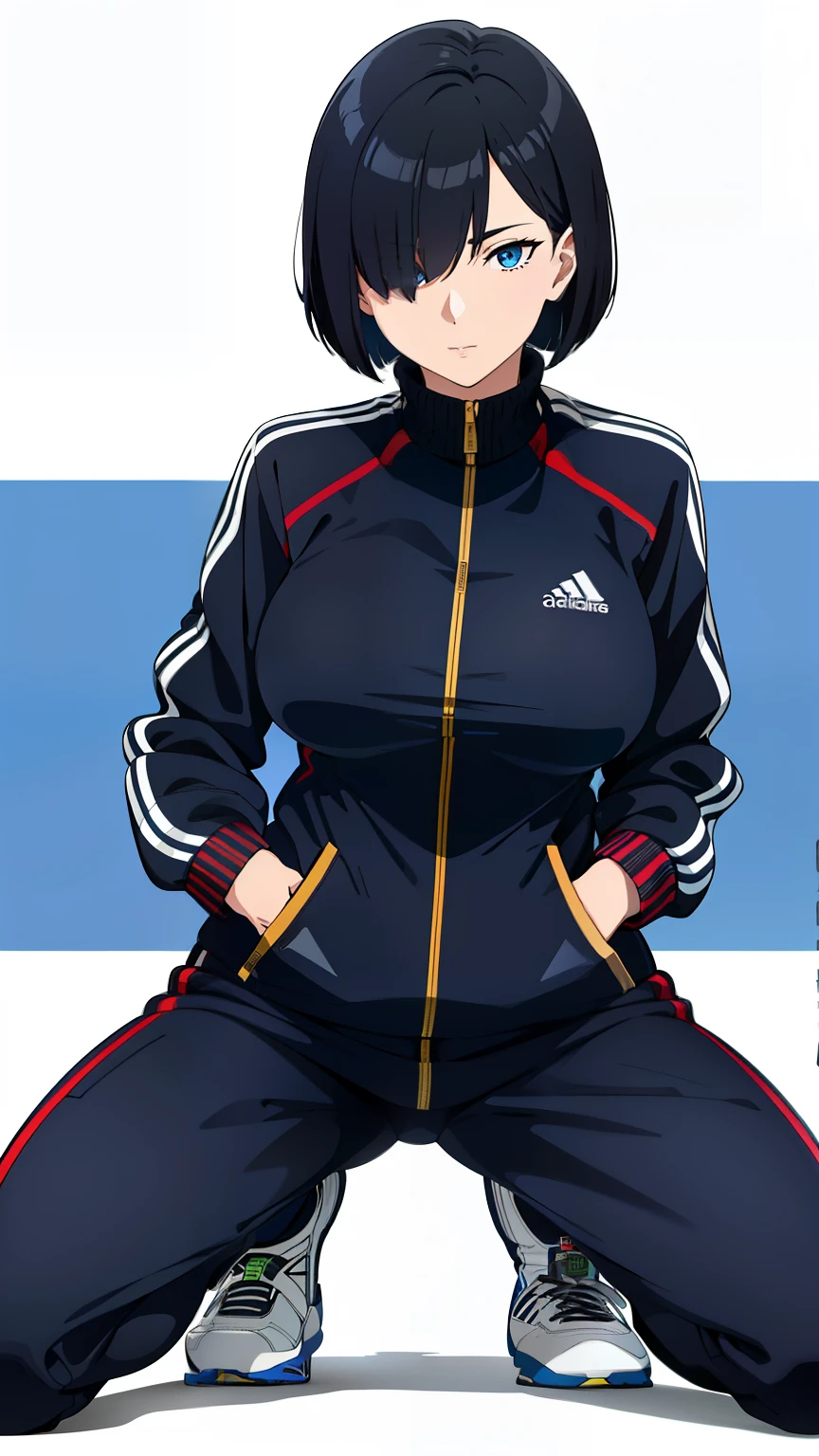 (best quality:1.5, highres, UHD, 4K, detailed eyes, detailed lighting, detailed hair, shaders), black hair, bob cut, hair covering one eye, cool woman, cool girl, sharp eyes, blue eyes, beautiful, large breasts, a close up of a person kneeling on a white surface, wearing a tracksuit black, wearing a track suit, squatting, casual pose, sportswearl, wearing track and field suit, the girl is crouching, (full body)