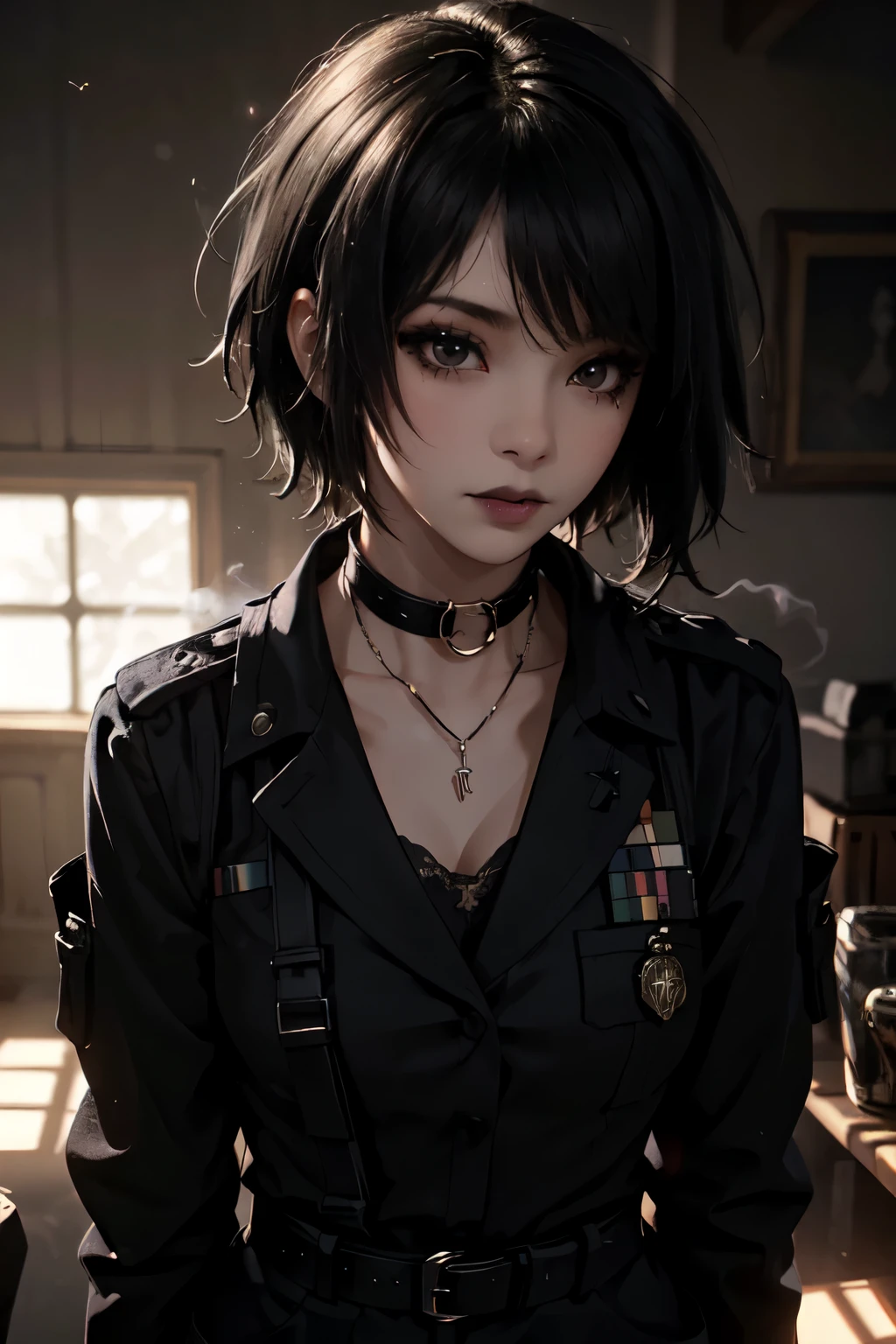1Girl, woman, emo_hairstyle, black lipstick, dog collar, eyeliner, eye shadow, smoky eyes, realistic lighting, short hair, standing up, military outfit.