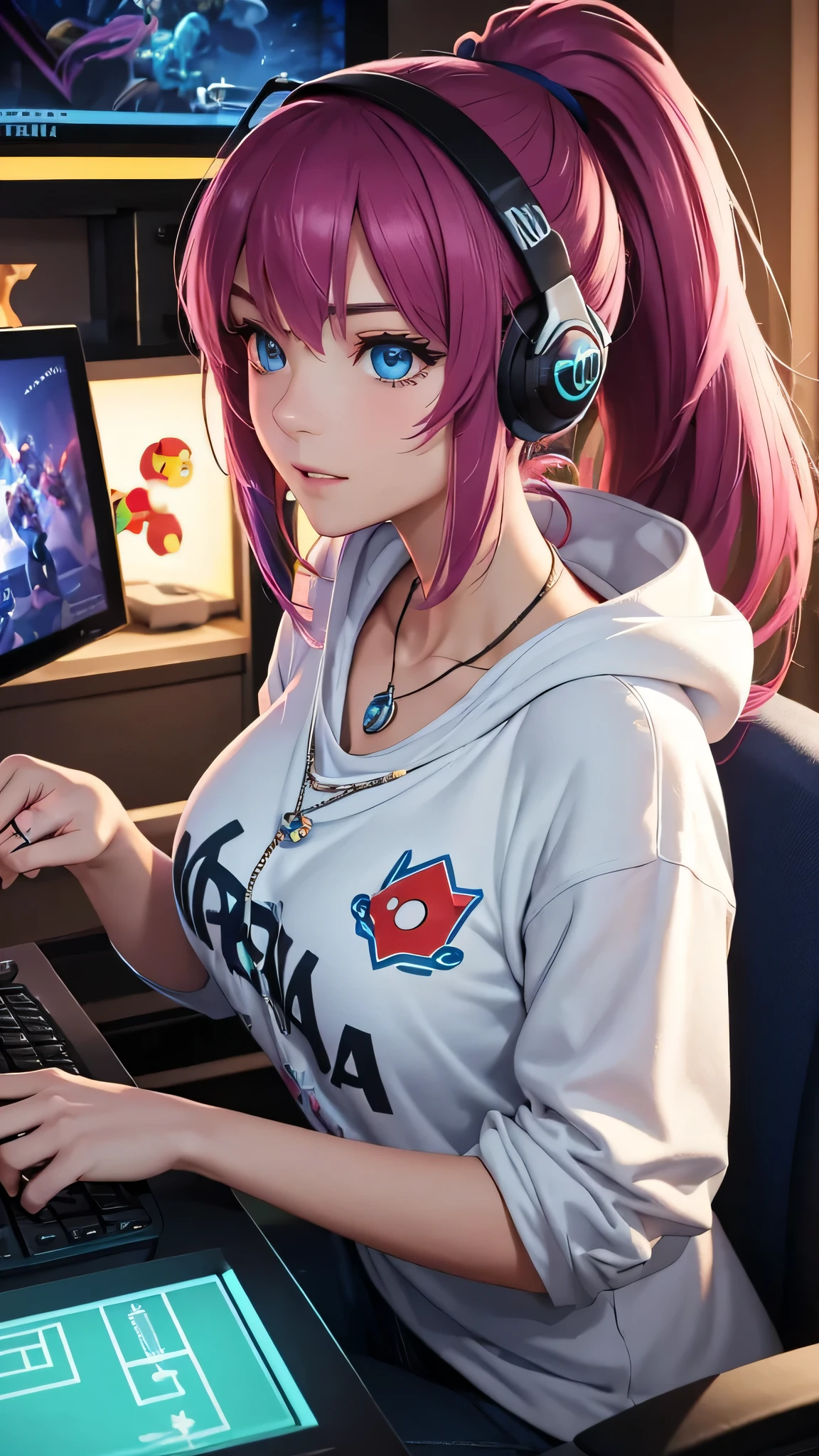 (adult woman, detailed quality, detailed face, detailed scene, gigantic breasts, realistic, realism, photoreal) In a cozy, well-lit gaming room adorned with vibrant posters and LED lights, a gamer girl sits confidently, ready to dive into her favorite virtual worlds. The camera focuses on her upper body, capturing her enthusiastic and lively expression as she interacts with her gaming setup.
She wears a stylish, comfortable outfit perfect for long gaming sessions. Her fitted T-shirt, in a soft pastel shade, is adorned with cute stickers of popular game characters, adding a playful and personalized touch to her look. The stickers feature iconic figures from games like "Animal Crossing," "Mario," and "The Legend of Zelda," showcasing her diverse gaming interests.
Over her T-shirt, she sports a cozy, open-front hoodie in a complementary color, providing both warmth and style. The hoodie features subtle, game-themed embroidery along the sleeves, adding an extra layer of detail and gamer pride to her ensemble.
Her hair is styled in a practical yet trendy manner, pulled back into a high ponytail with a few loose strands framing her face. This keeps her hair out of the way while she focuses on her screen, yet still maintains a stylish and relaxed vibe.
She accessorizes with a pair of sleek, over-ear gaming headphones, which not only provide high-quality sound but also add to her tech-savvy look. Around her neck, a delicate necklace with a tiny controller pendant glints softly, subtly hinting at her passion for gaming.
Her face is illuminated by the soft glow of her computer screen, highlighting her clear skin and natural makeup. Her eyes, bright and focused, sparkle with excitement and determination as she navigates her virtual adventures.
The background features a glimpse of her gaming setup, with a custom-built PC displaying colorful RGB lights and a shelf filled with game-related memorabilia and figurines. This setting not only emphasizes her dedication to gaming