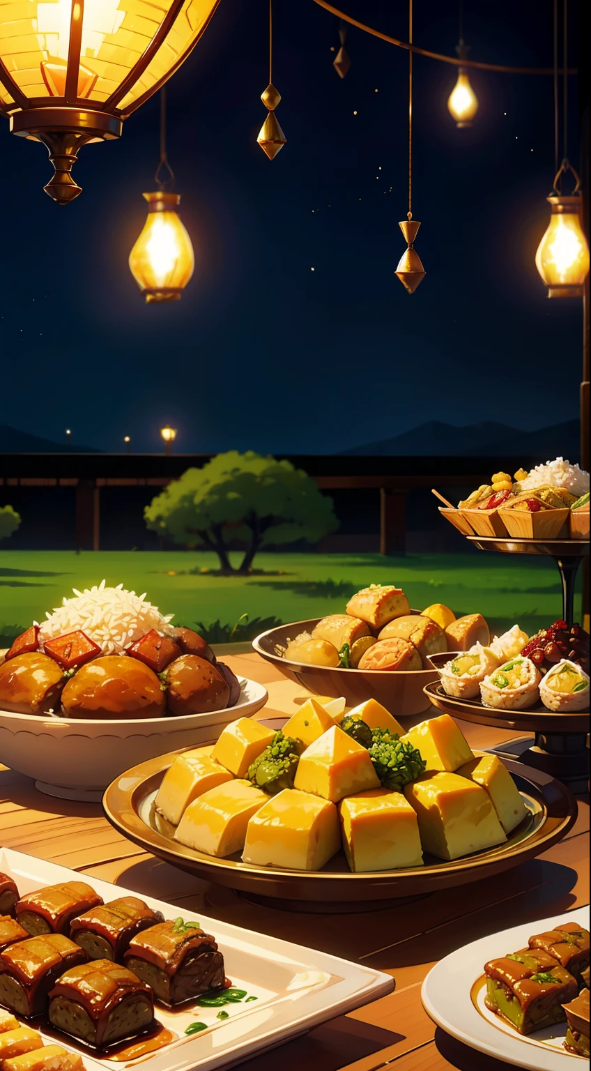 Illustration of lavish serving of delicious Eid food, Includes succulent lamb and goat dishes, Fragrant rice, There is also a wide selection of delicious sweets such as baklava and ma&#39;amoul..