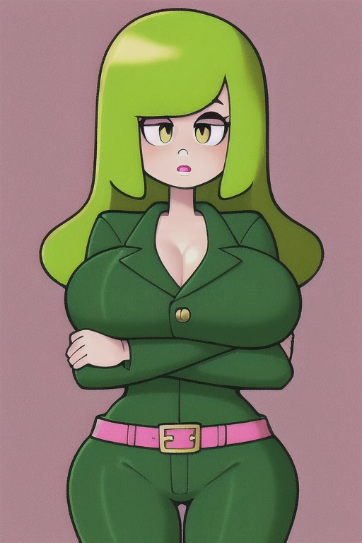 A tender character woman, gigantic breasts, longer wavy hair, bright red, her brown eyes, crossed arms, large pupils, pink lips, a light green military suit, yellow line brushes, and her light green pants, wearing a yellow belt