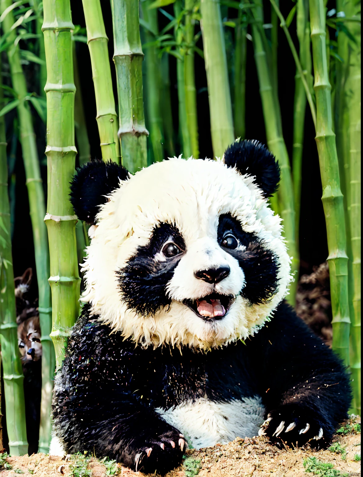 the head of a panda smiling with bamboo planted behind