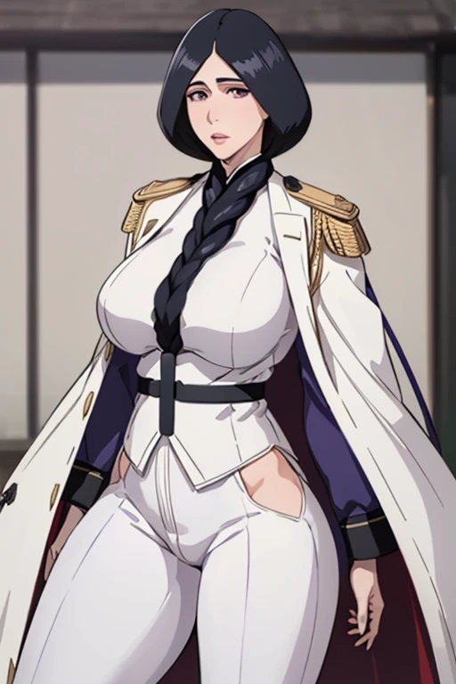 unohana, masterpiece, best quality, (white long coat), coat on shoulders,white navy soldier uniform ,(epaulettes), purple shirt, blue pants, upper body, looking at viewer, large breasts ,(hd), (full body shot), (high resolution)